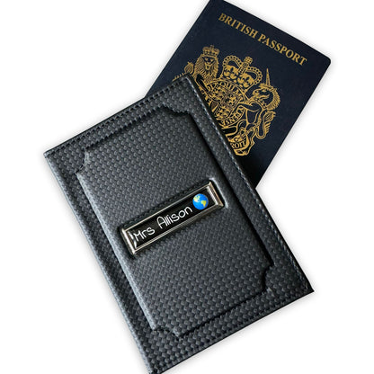 Passport & Card Holder Wallet PU Leather personalised with Name or Flag Black Carbon